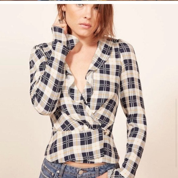 Reformation Lee Wrap Top In Navy Tartan Plaid Long Sleeve Ruffle Blouse - Picture 5 of 5